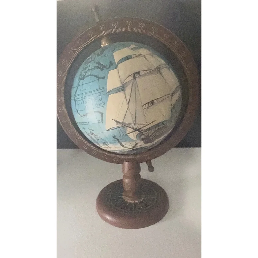 Vintage Nautical Desk Globe Wooden Base Tall Ship Illustration Copper Meridian